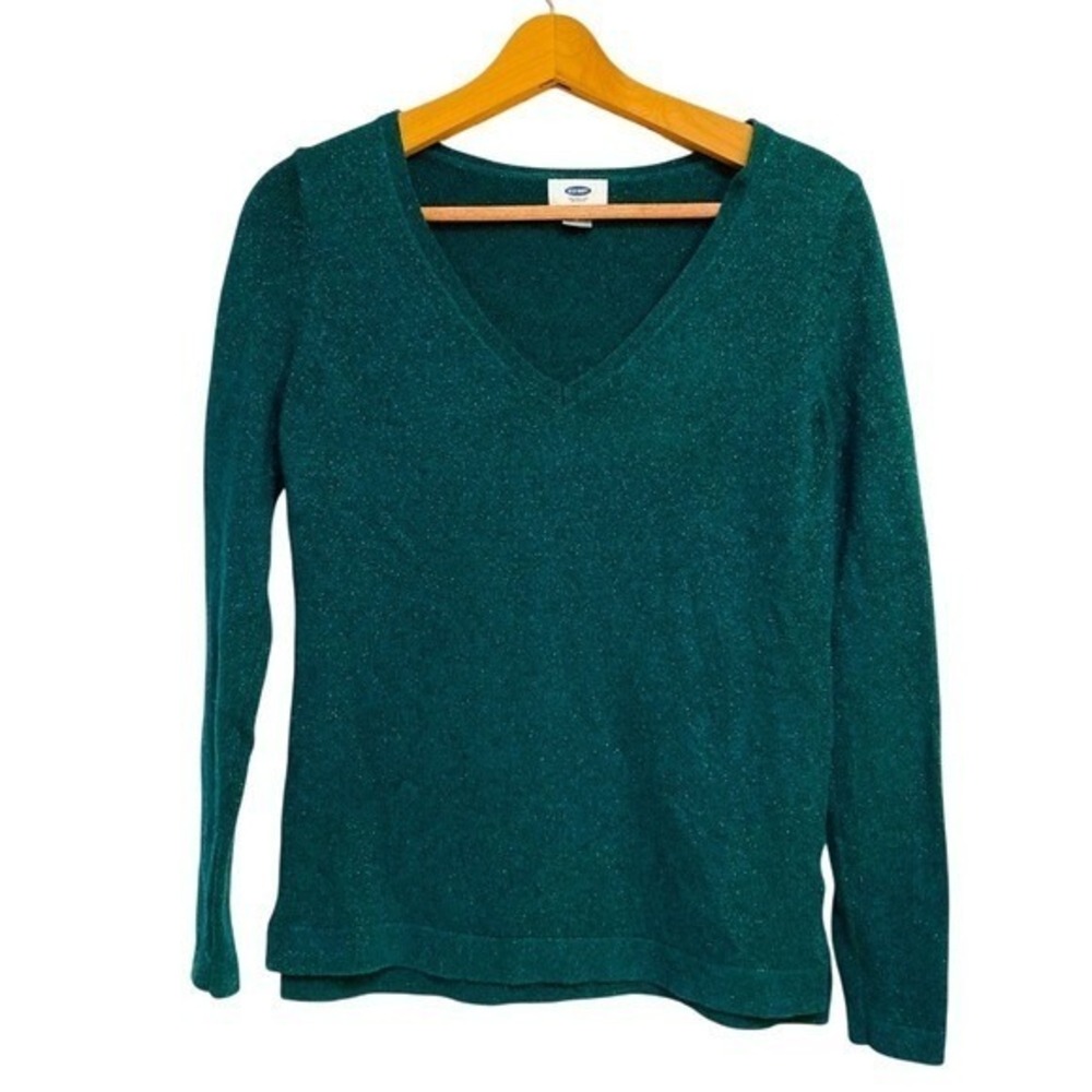 Old Navy Womens Forest Green‎ Metallic Shimmer V-Neck Ribbed Sweater Small